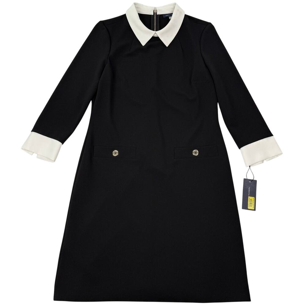 Tommy Hilfiger Shift Dress Black White Collar Preppy Minimalism Size 6 NWT